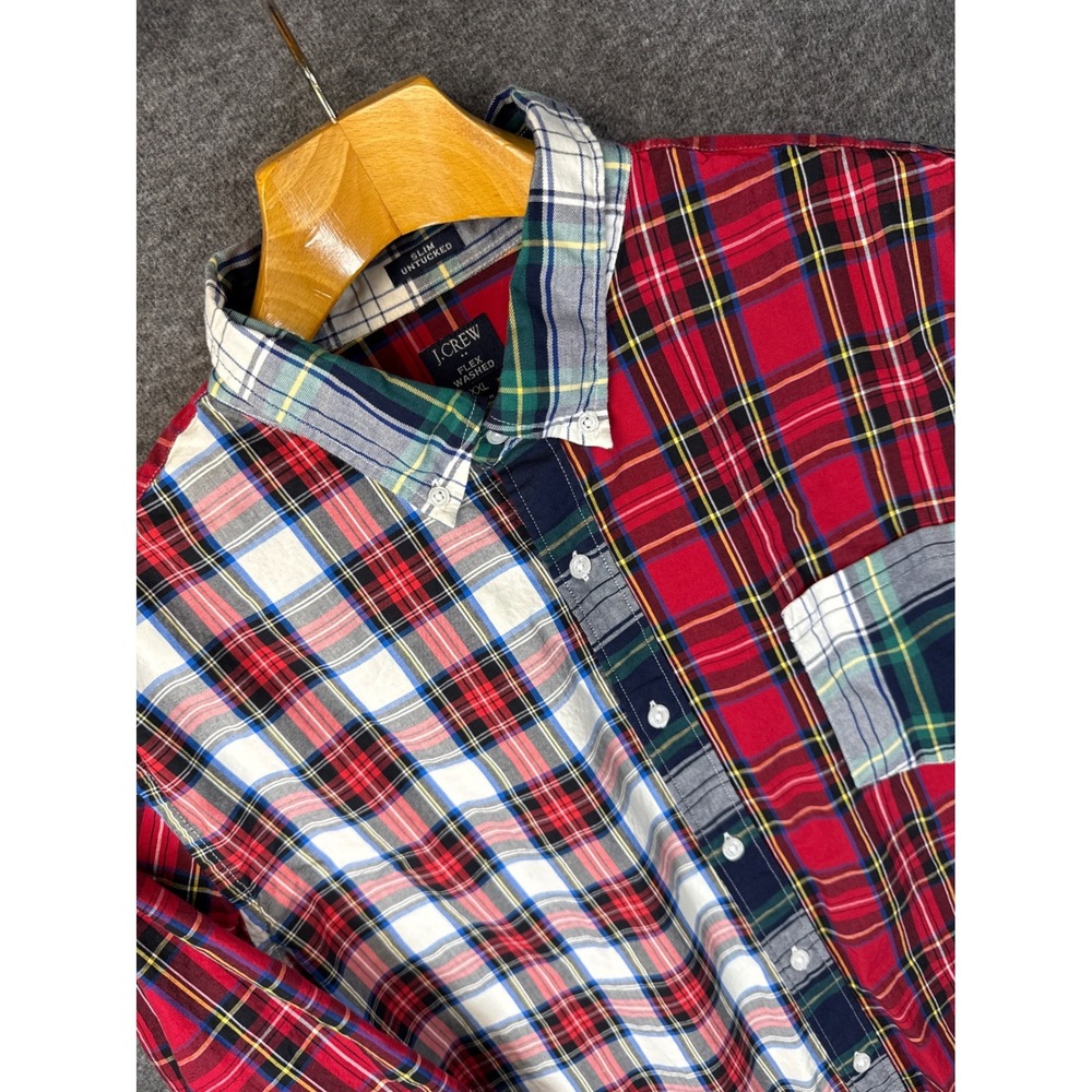 J.Crew Patchwork Plaid Shirt Mens XXL Red Slim Untucked Flex Washed 4th Of July
